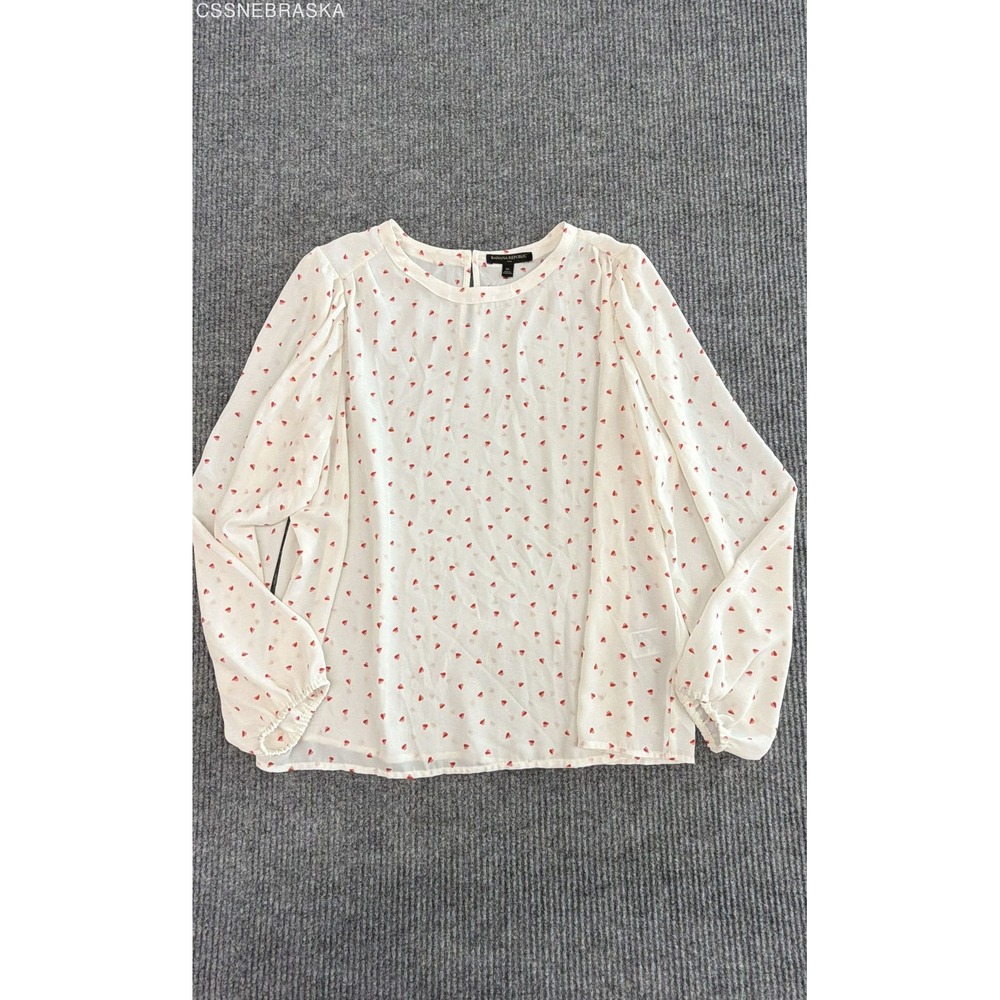 Banana Republic Cream Red Heart Print Chiffon Blouse Long Sleeve Crew Neck XL